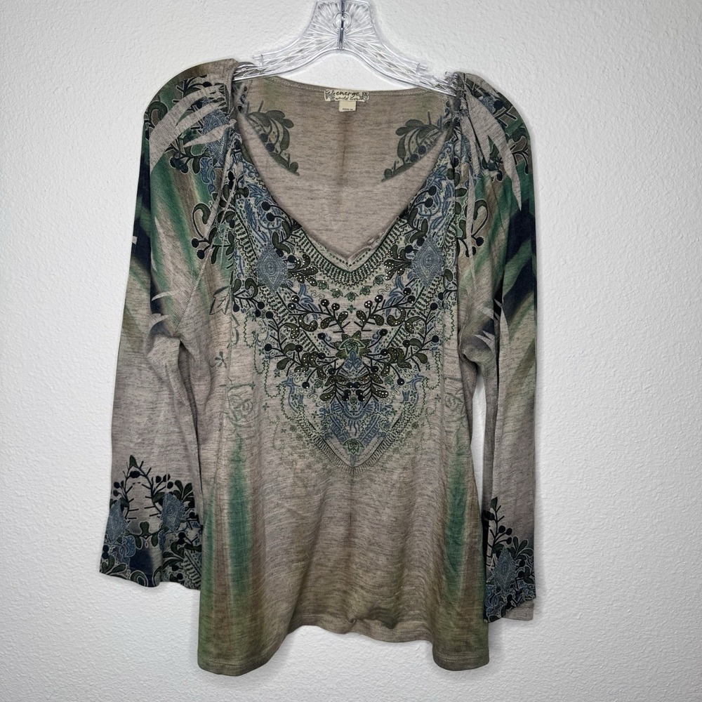 Energe World Wear Women's Size 1X Embellished V Neck Long Sleeve Top Green Beige